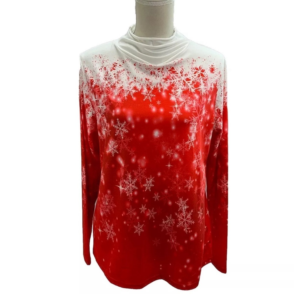 NWT Exclusive Mock Neck Holiday Top Medium Red White Snowflake